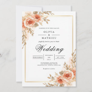 Convite Casamento Quadro Floral Rosa Bege