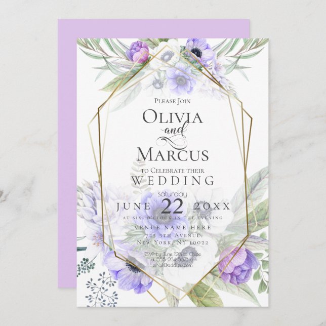 Convite Casamento | Quadro violeta da flor de anêmona (Frente/Verso)