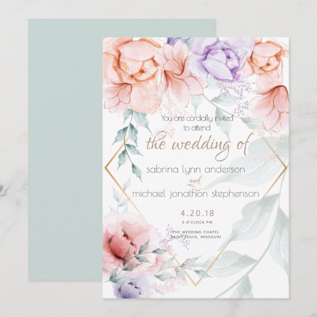 Convite Casamento |Quic Trendy Coral e Lilac Aquarelle (Frente/Verso)