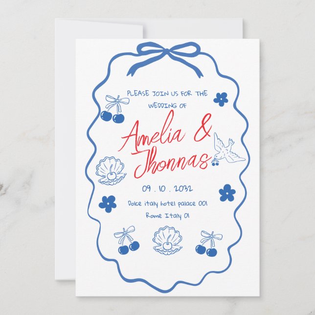 Convite Casamento Rabisco Azul Caprichoso  (Frente)