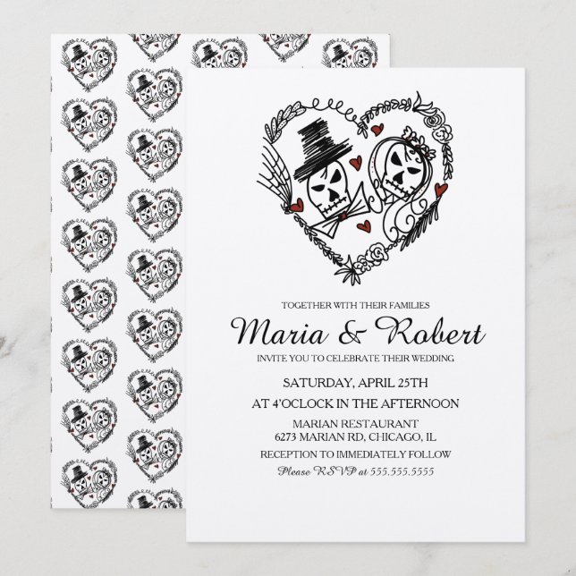 Convite Casamento Rabisco Esqueleto Preto Branco Gótico (Frente/Verso)