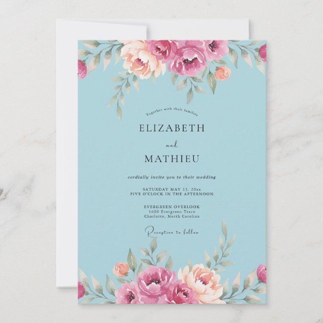 Convite Casamento Radiante de Primavera Azul Céu (Frente)