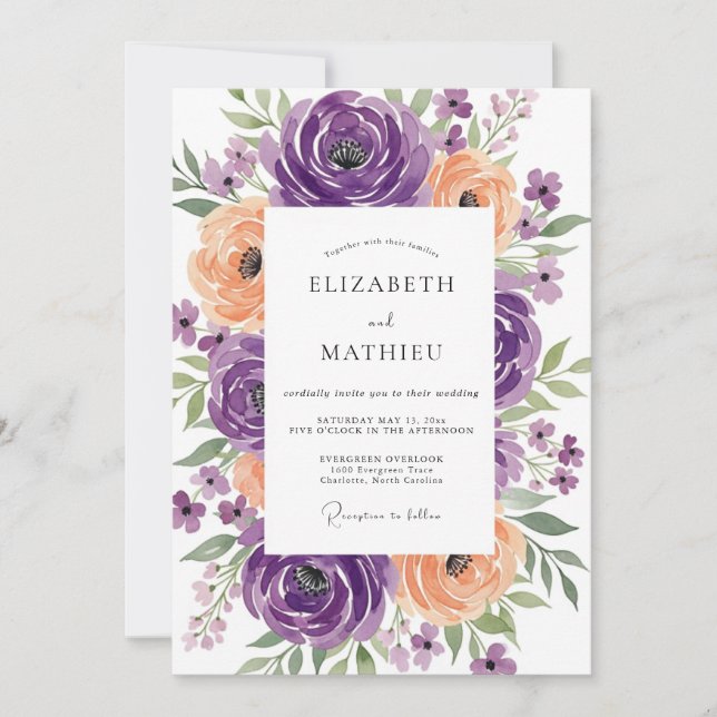 Convite Casamento Radiante de Primavera com Damasco Roxo (Frente)