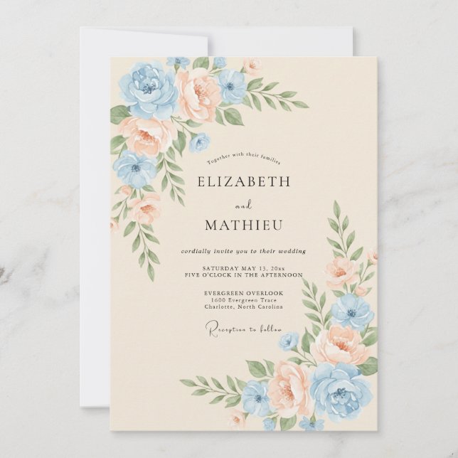 Convite Casamento Radioso de Azul Pastel na Primavera (Frente)