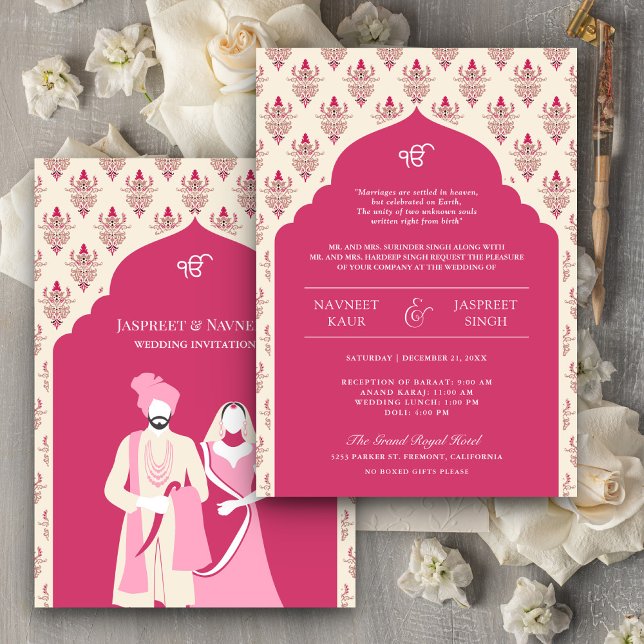 Convite Casamento Rani Pink Cream Punjabi Anand Karaj Sikh (Criador carregado)