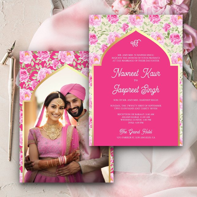 Convite Casamento Rani Pink Floral Foto Anand Karaj Sikh (Criador carregado)