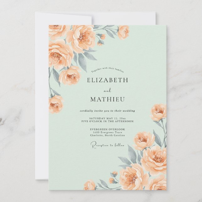 Convite Casamento Ranunculus Champanhe Menta Eucalipto (Frente)