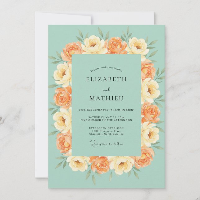 Convite Casamento Ranunculus Cinza Eucalipto Rosa Pêssego  (Frente)