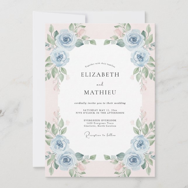 Convite Casamento Ranunculus de Pêssego Céu com Eucalipto  (Frente)