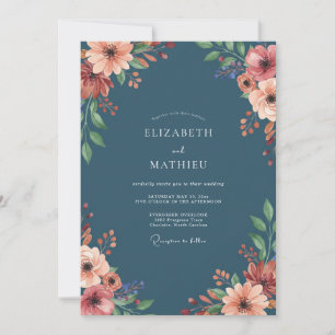 Convite Casamento Ranunculus de Pêssego de Aço Eucalipto S