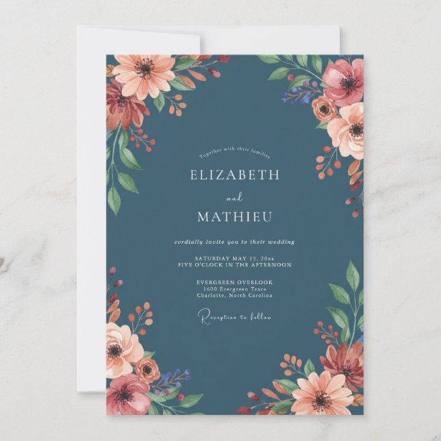 Convite Casamento Ranunculus de Pêssego de Aço Eucalipto S (Frente)