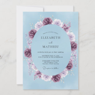 Convite Casamento Ranunculus Eucalipto Ameixa Azul Pó