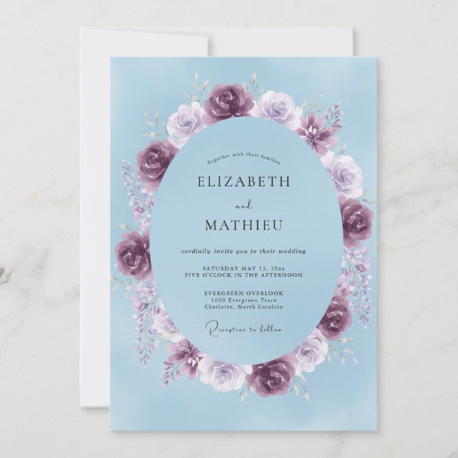 Convite Casamento Ranunculus Eucalipto Ameixa Azul Pó (Frente)