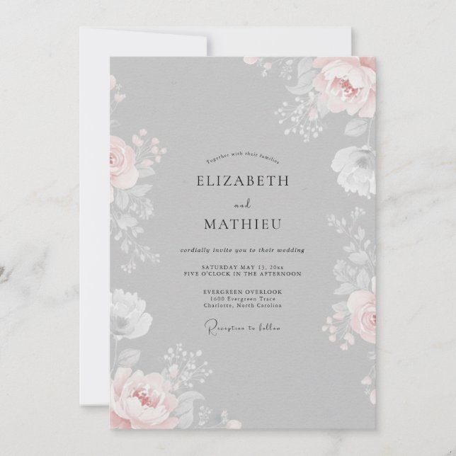 Convite Casamento Ranunculus Eucalipto Bege Cinza (Frente)