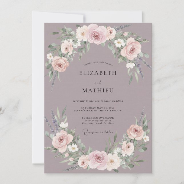 Convite Casamento Ranunculus Eucalipto Bege Pálido Ardósia (Frente)