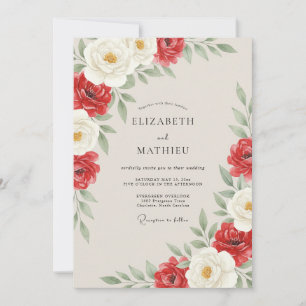 Convite Casamento Ranunculus Eucalipto Branco Carmesim