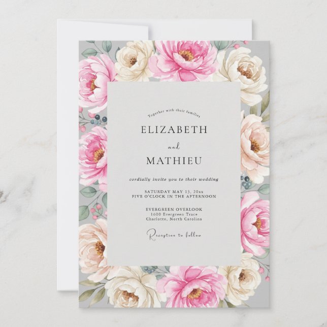 Convite Casamento Ranunculus Eucalipto Champanhe Rosa (Frente)