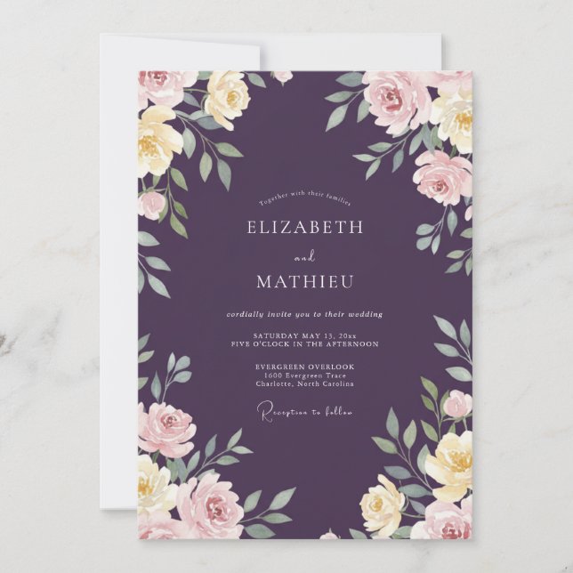 Convite Casamento Ranunculus Eucalipto Creme Marfim Ameixa (Frente)