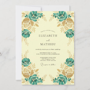 Convite Casamento Ranunculus Eucalipto Dourado Azul-Verde