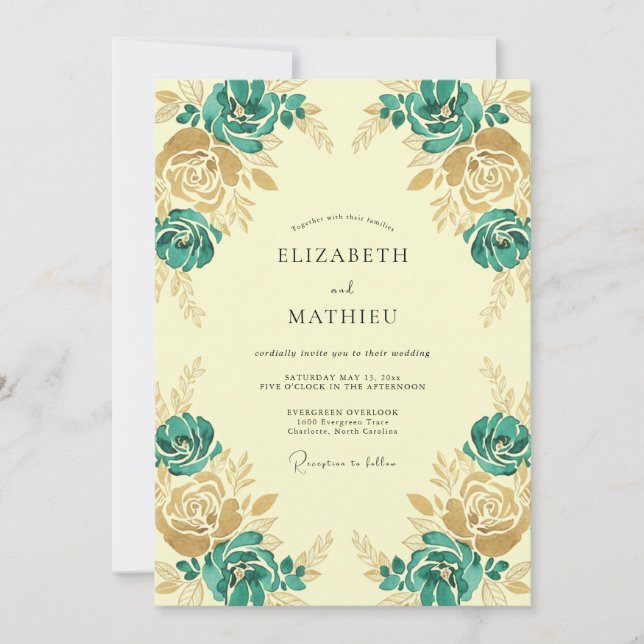 Convite Casamento Ranunculus Eucalipto Dourado Azul-Verde (Frente)