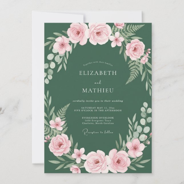 Convite Casamento Ranunculus Eucalipto Floresta Corada (Frente)