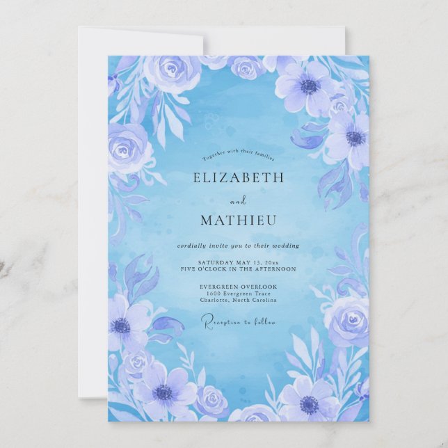 Convite Casamento Ranunculus Eucalipto Frost Periwinkle (Frente)