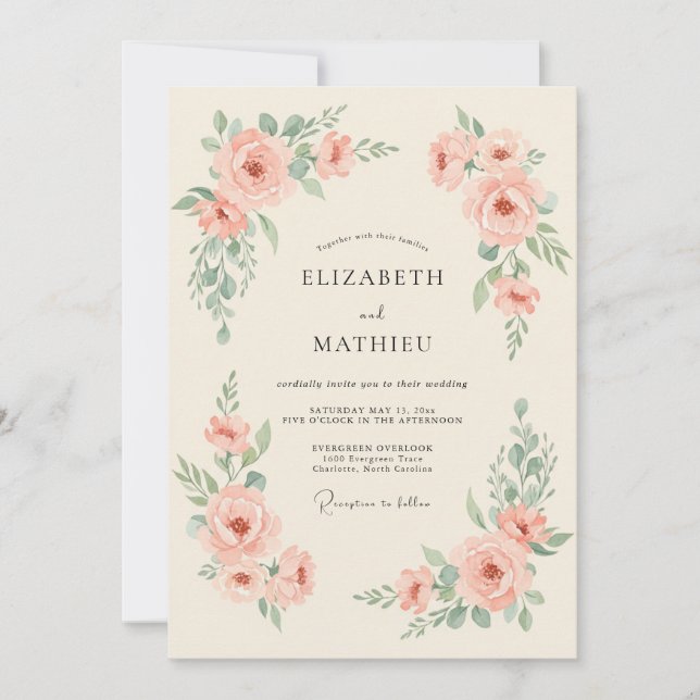 Convite Casamento Ranunculus Eucalipto Hortelã Rosa (Frente)