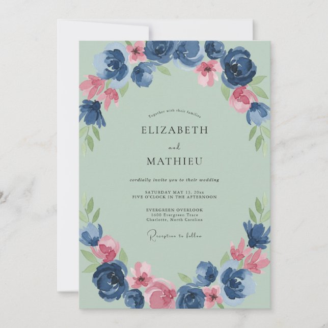 Convite Casamento Ranunculus Eucalipto Índigo Espuma do Ma (Frente)