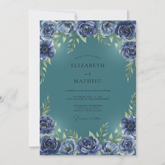 Convite Casamento Ranunculus Eucalipto Índigo Verde-água (Frente)