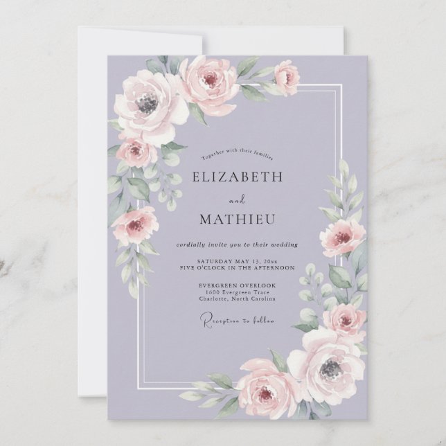 Convite Casamento Ranunculus Eucalipto Lavanda Malva (Frente)