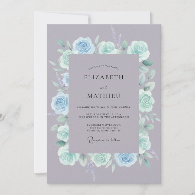 Convite Casamento Ranunculus Eucalipto Menta Ardósia (Frente)