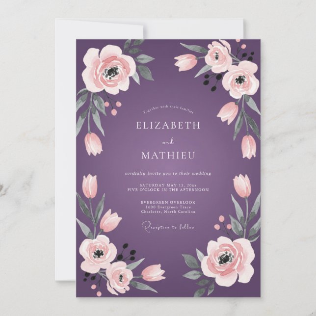 Convite Casamento Ranunculus Eucalipto Pêssego Ameixa (Frente)