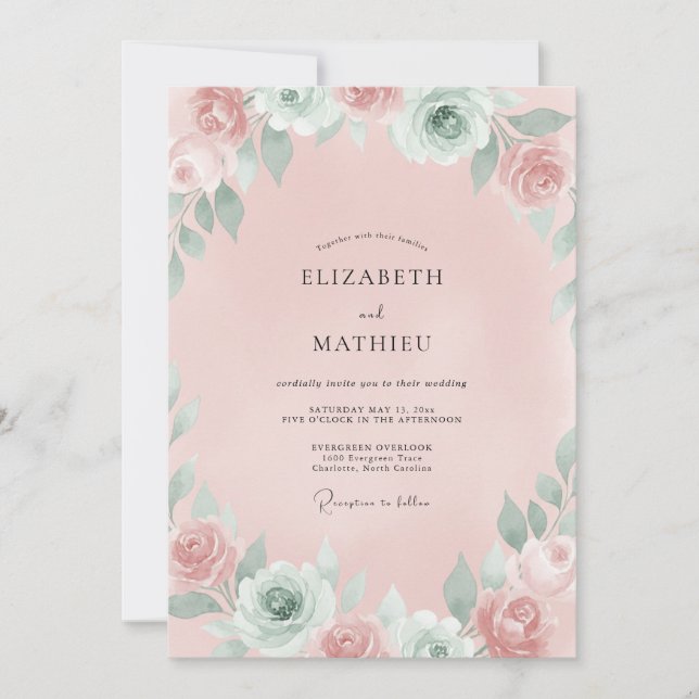 Convite Casamento Ranunculus Eucalipto Rosa Pétala Empoeir (Frente)