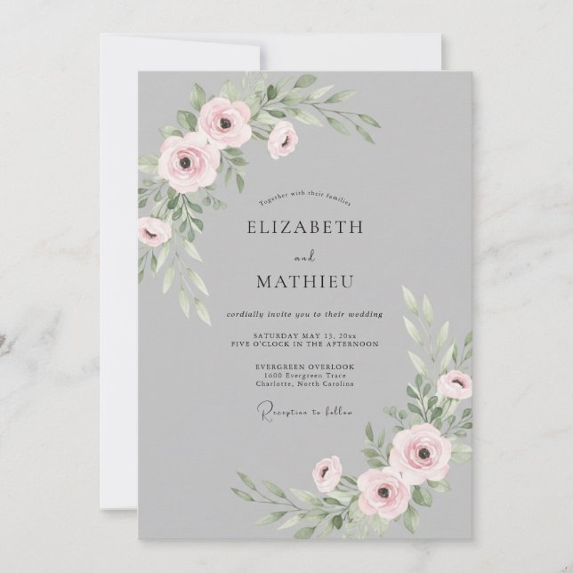 Convite Casamento Ranunculus Eucalipto Rosa Poeira Cinza (Frente)