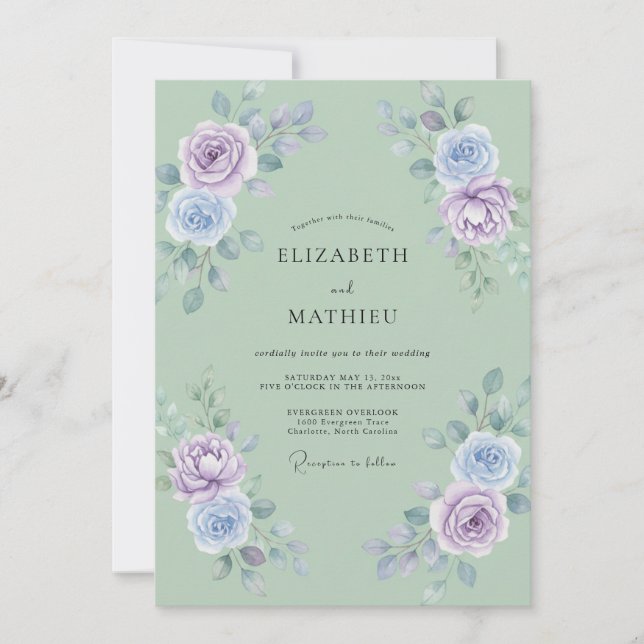Convite Casamento Ranunculus Lilás Espuma do Mar Eucalipto (Frente)