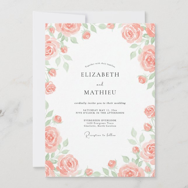 Convite Casamento Ranunculus Pintado de Coral Macio (Frente)