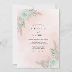 Convite Casamento Ranunculus Sage em Seafoam e Pêssego