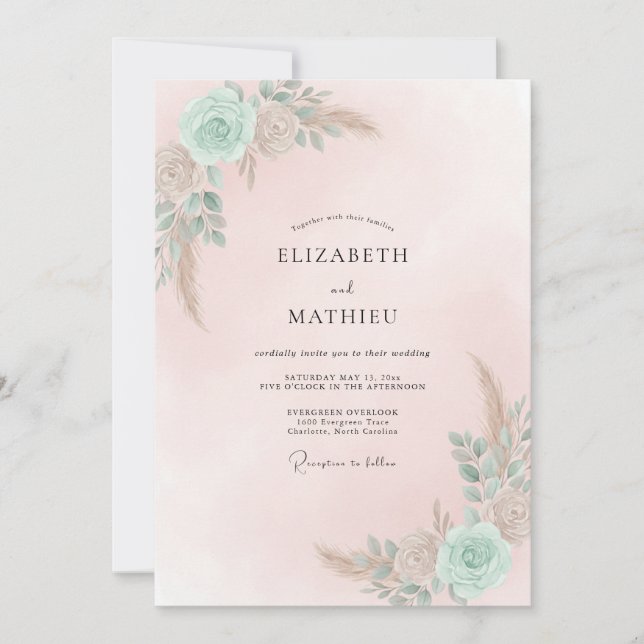 Convite Casamento Ranunculus Sage em Seafoam e Pêssego (Frente)