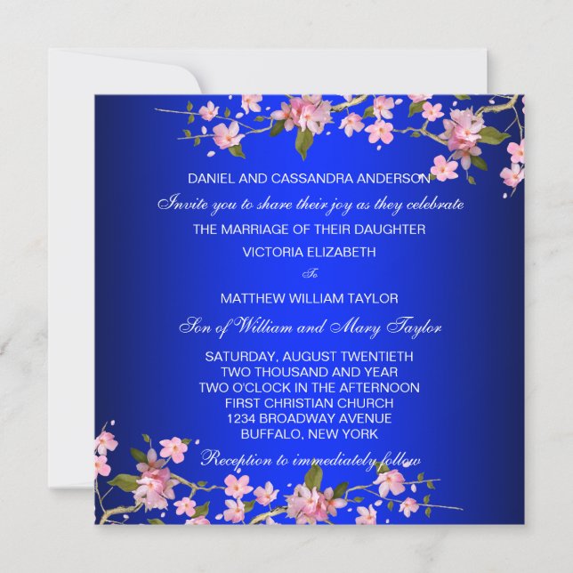 Convite Casamento Real Azul - Cerejeira Japonesa (Frente)