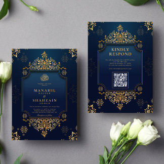 Convite Casamento Real Azul Dourado Floral Código QR Muçul