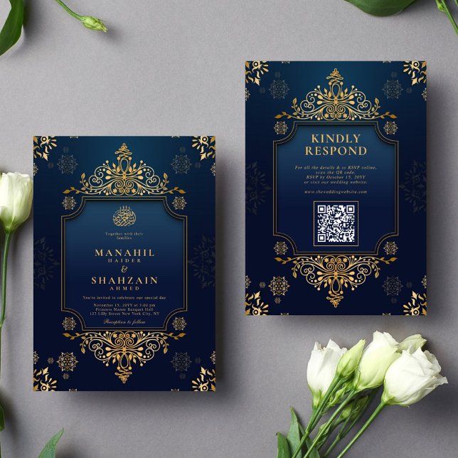 Convite Casamento Real Azul Dourado Floral Código QR Muçul (Criador carregado)