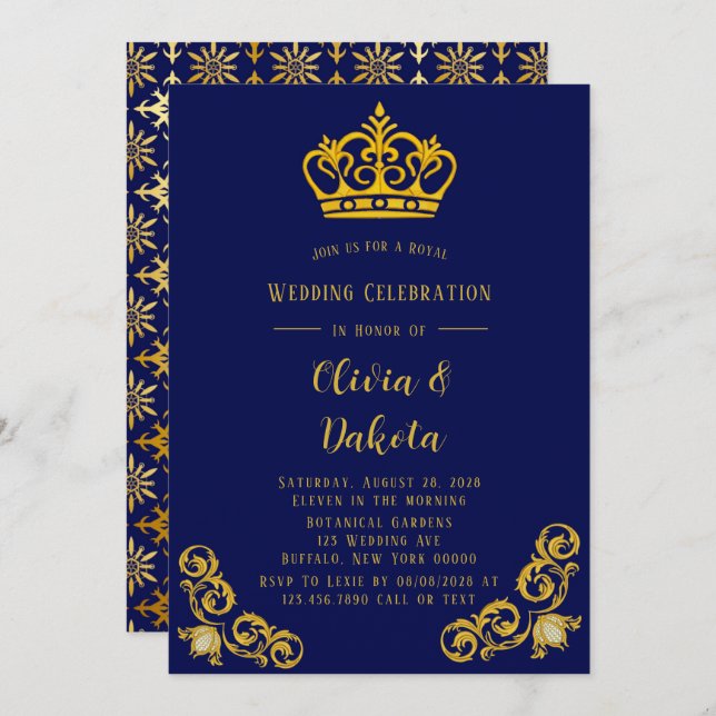 Convite Casamento Real Azul e Dourado Damask (Frente/Verso)