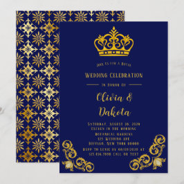 Convite Casamento Real Azul e Dourado Damask
