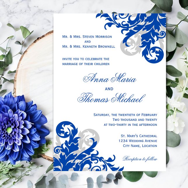 Convite Casamento Real Azul e Silver Flourish (Elegant Royal blue and silver flourish wedding invitation front view.)