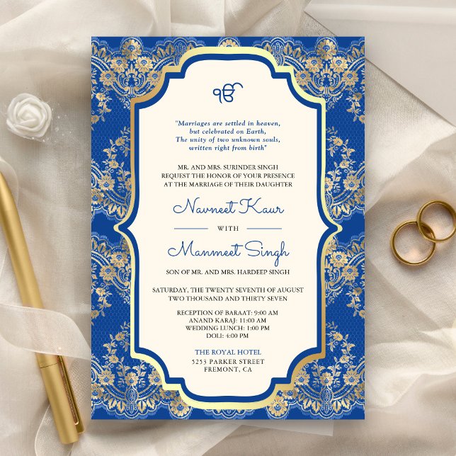 Convite Casamento Real Azul Lace Código QR Anand Karaj Sik (Criador carregado)