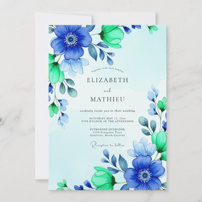 Convite Casamento Real Azul Luminoso de Primavera (Frente)