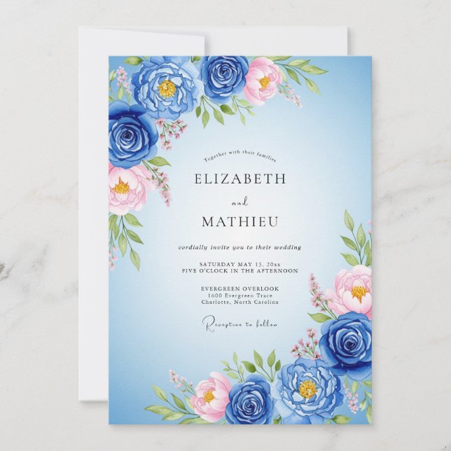 Convite Casamento Real Azul Luxuriante de Primavera (Frente)