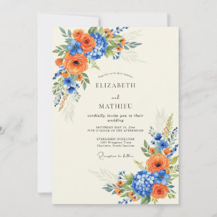 Convite Casamento Real Azul Majestoso de Verão Laranja