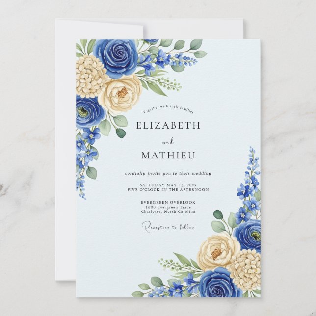 Convite Casamento Real Azul na Primavera Florido (Frente)