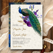 Casamento Real Azul Púrpura Floral Indiano Pavão